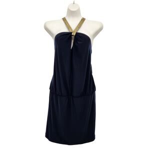 NWT Bisou Bisou Navy & Gold Grecian Halter Plus Mini Dress Women's 16